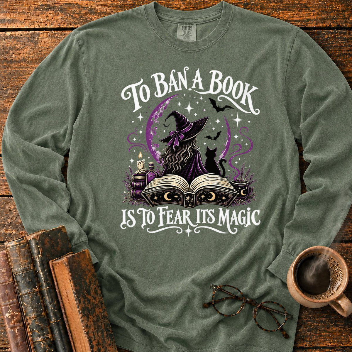 Witch, Cat, And Enchanted Book LS T-Shirt in Hemp – BooksThreads