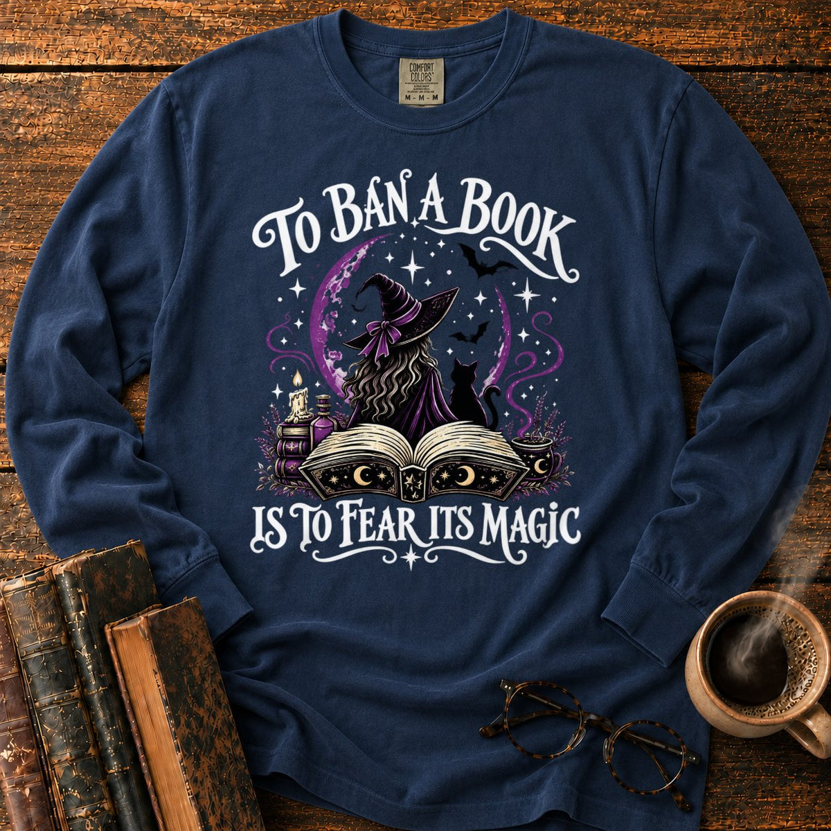 Witch, Cat, And Enchanted Book LS T-Shirt in Midnight – BooksThreads