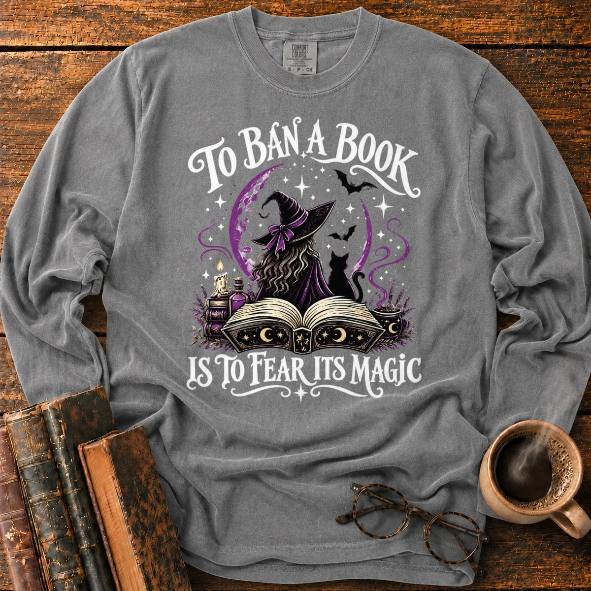 Witch, Cat, And Enchanted Book LS T-Shirt in Pepper – BooksThreads