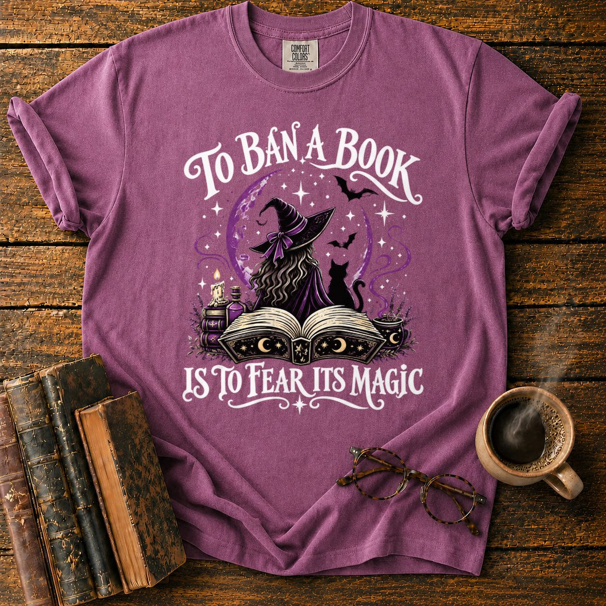 Witch, Cat, And Enchanted Book T-Shirt in Berry – BooksThreads