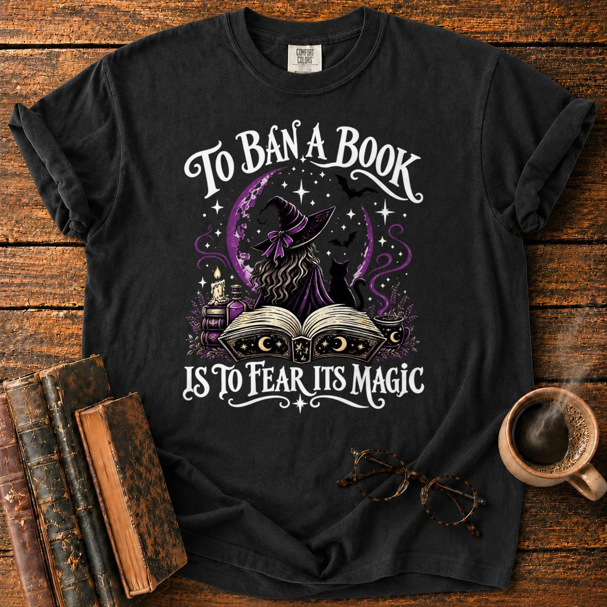 Witch, Cat, And Enchanted Book T-Shirt in Black – BooksThreads