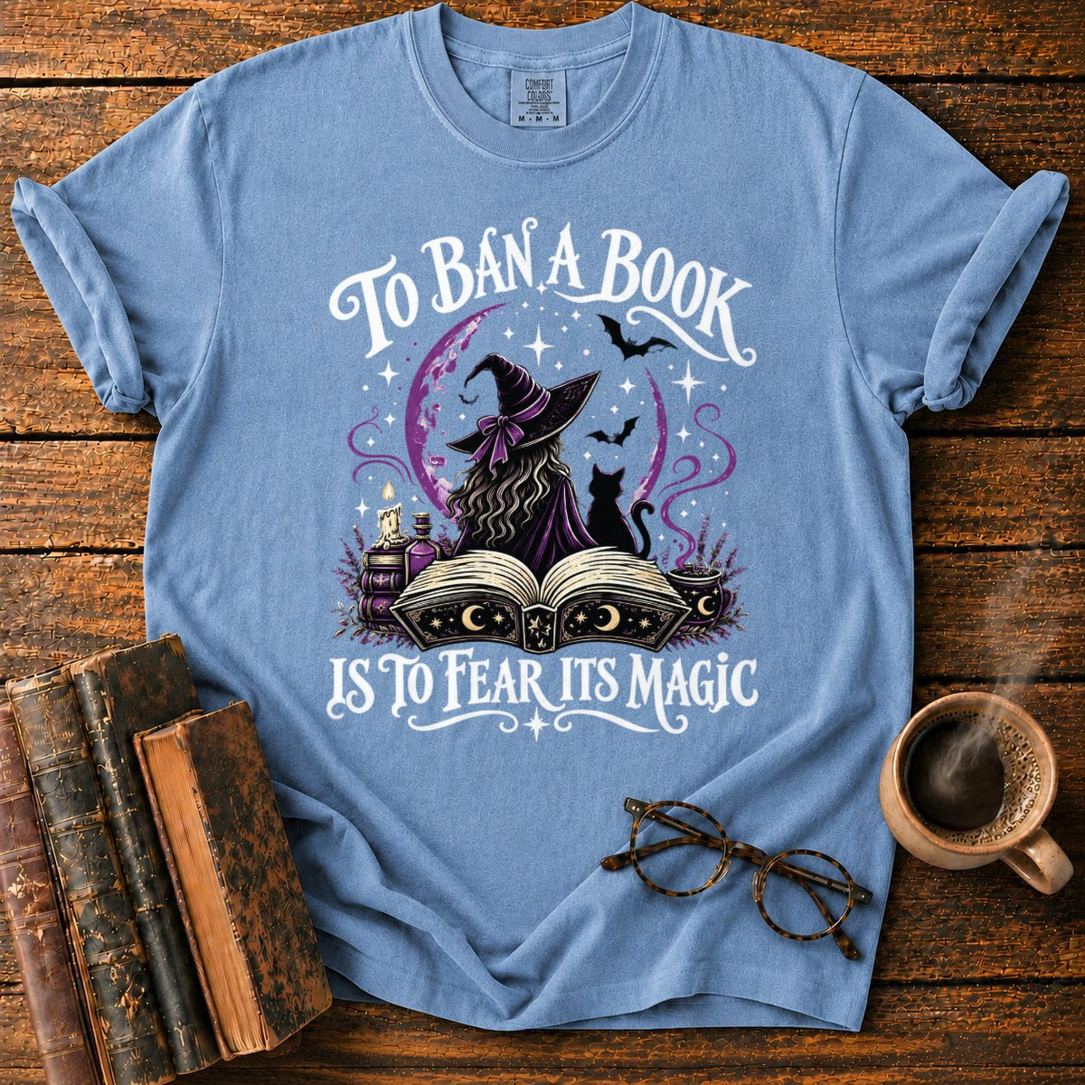 Witch, Cat, And Enchanted Book T-Shirt in Blue Jean – BooksThreads