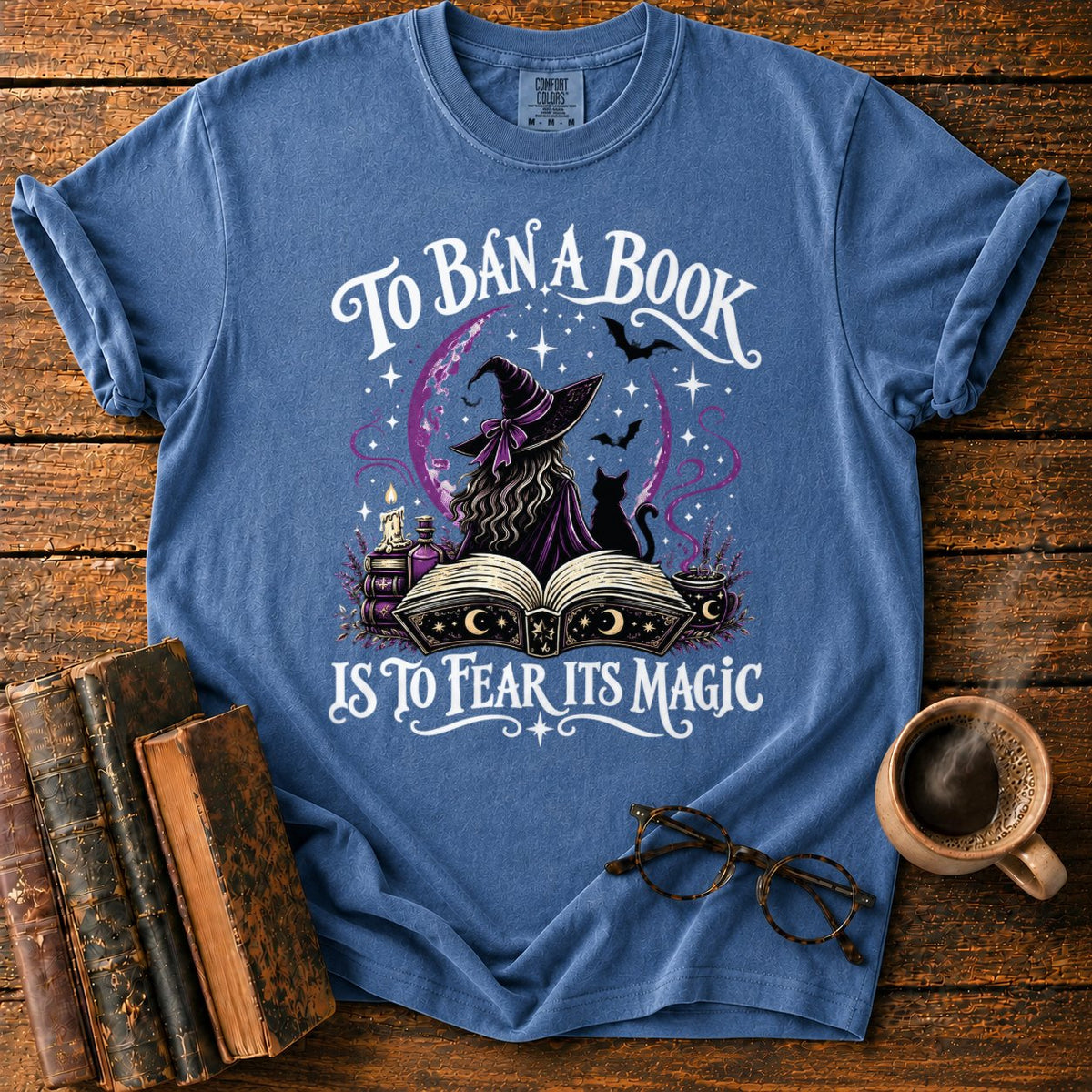 Witch, Cat, And Enchanted Book T-Shirt in Denim – BooksThreads