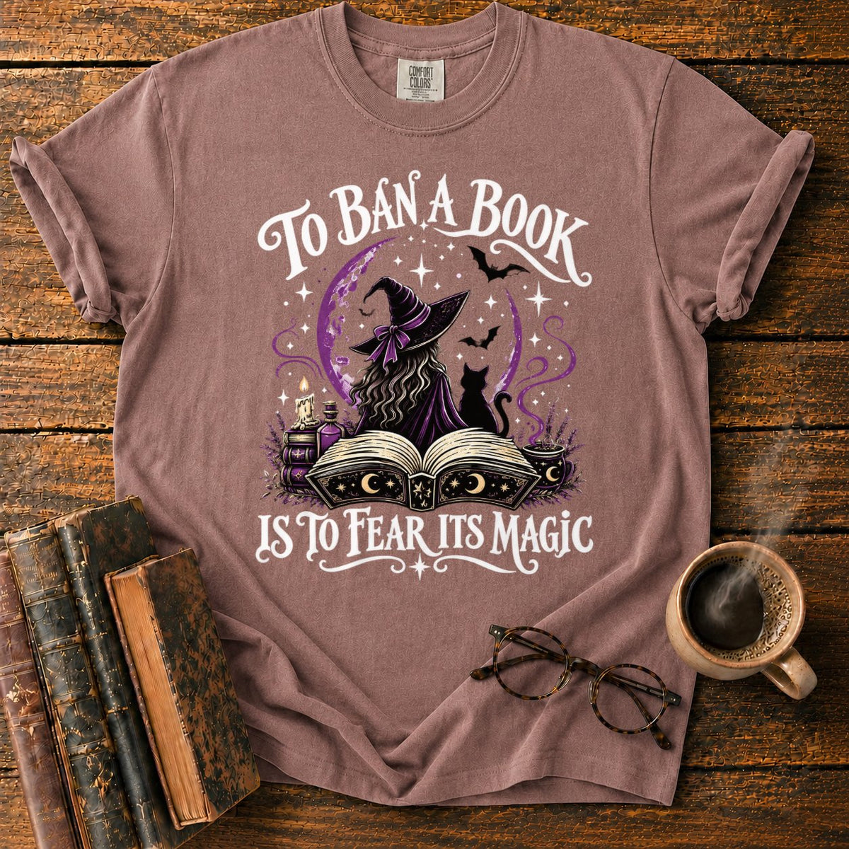 Witch, Cat, And Enchanted Book T-Shirt in Espresso – BooksThreads