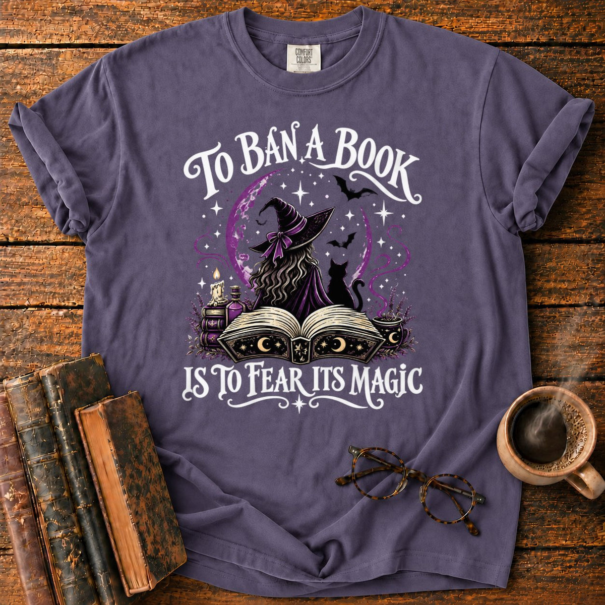 Witch, Cat, And Enchanted Book T-Shirt in Grape – BooksThreads
