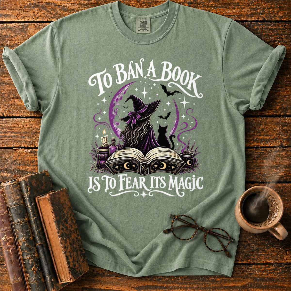 Witch, Cat, And Enchanted Book T-Shirt in Moss – BooksThreads