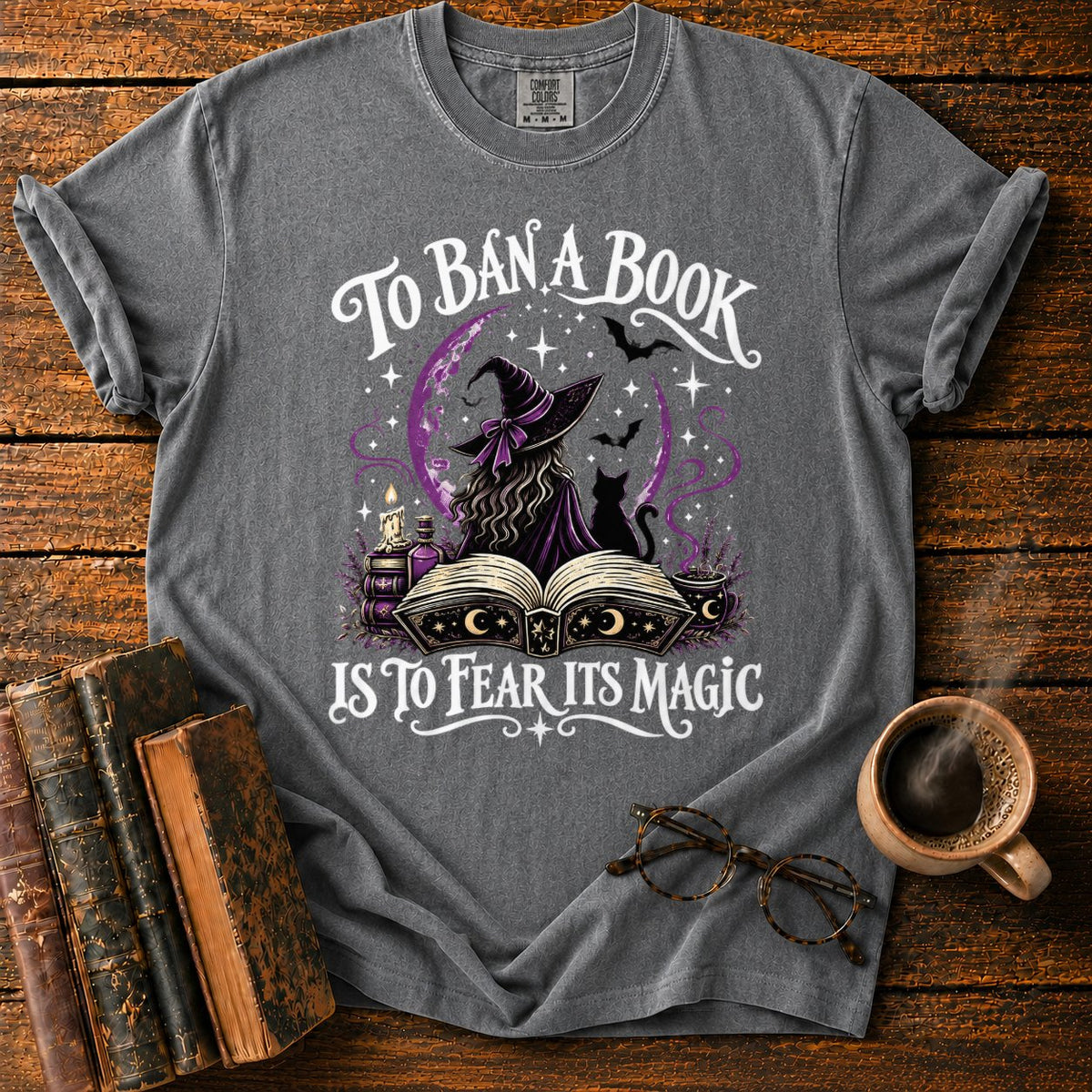 Witch, Cat, And Enchanted Book T-Shirt in Pepper – BooksThreads