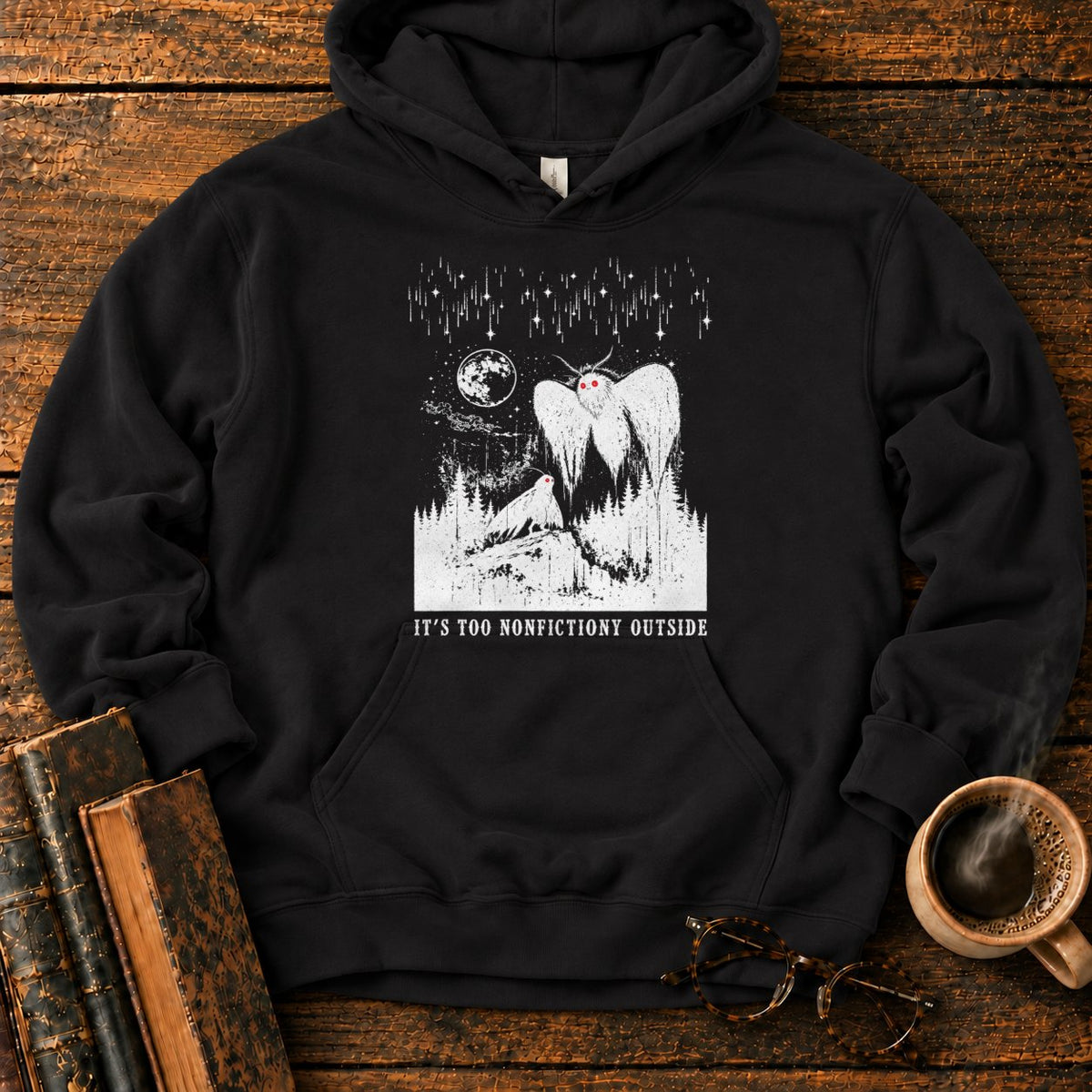 Woodcut Mothman Over Moonlit Forest Hoodie in Black – BooksThreads