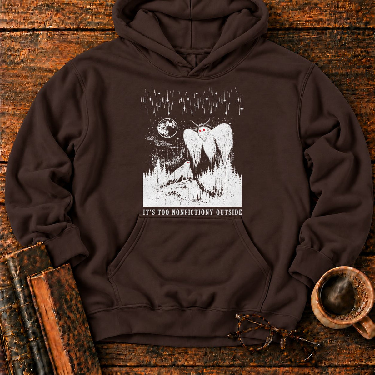 Woodcut Mothman Over Moonlit Forest Hoodie in Dark Chocolate – BooksThreads