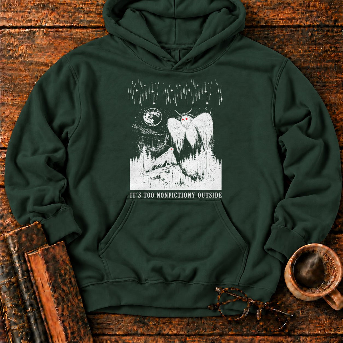 Woodcut Mothman Over Moonlit Forest Hoodie in Forest Green – BooksThreads