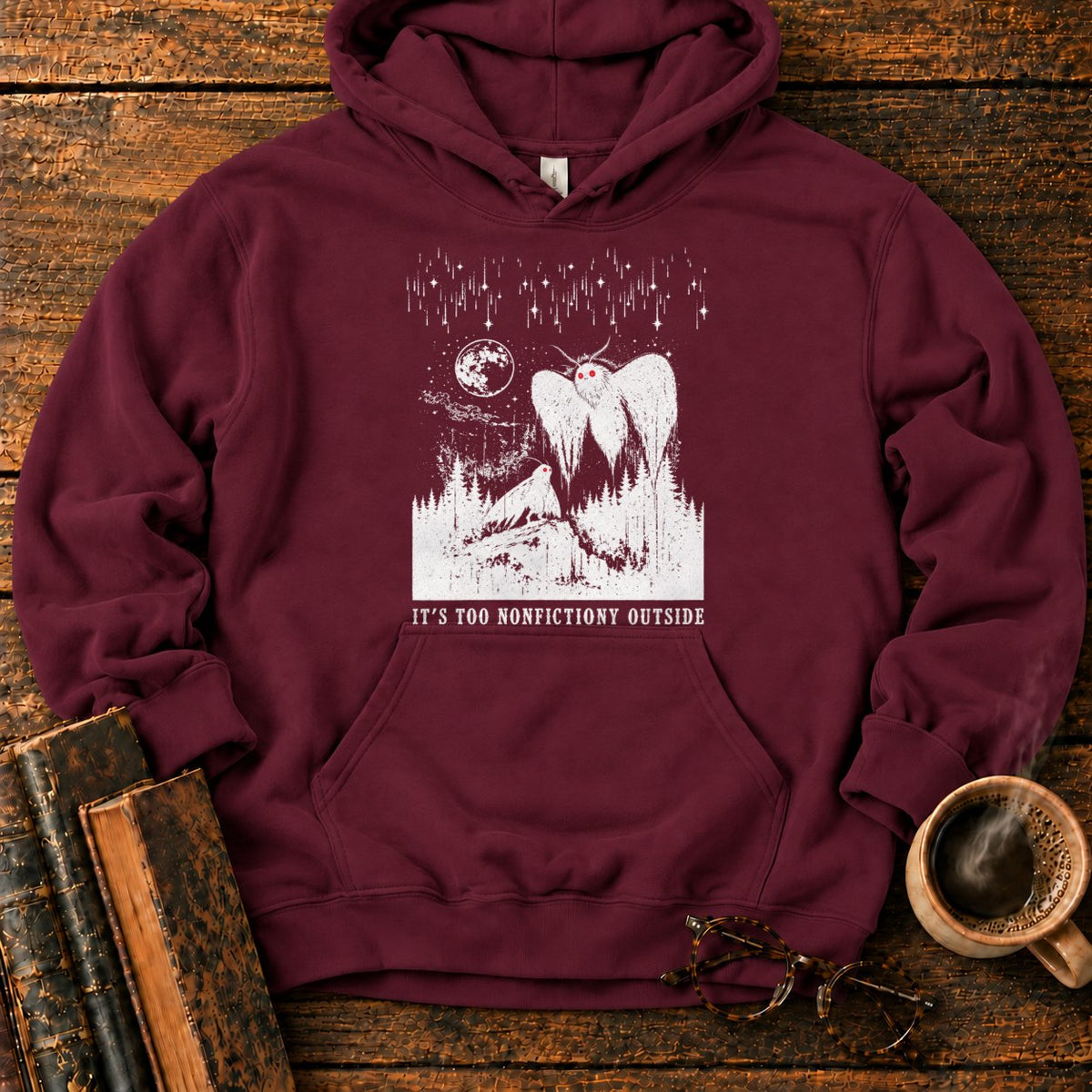 Woodcut Mothman Over Moonlit Forest Hoodie in Maroon – BooksThreads