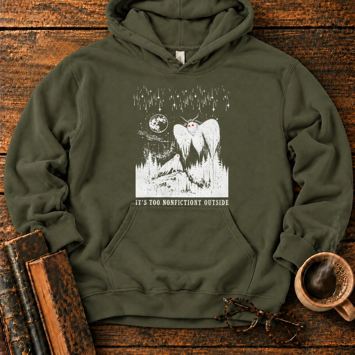 Woodcut Mothman Over Moonlit Forest Hoodie in Military Green – BooksThreads