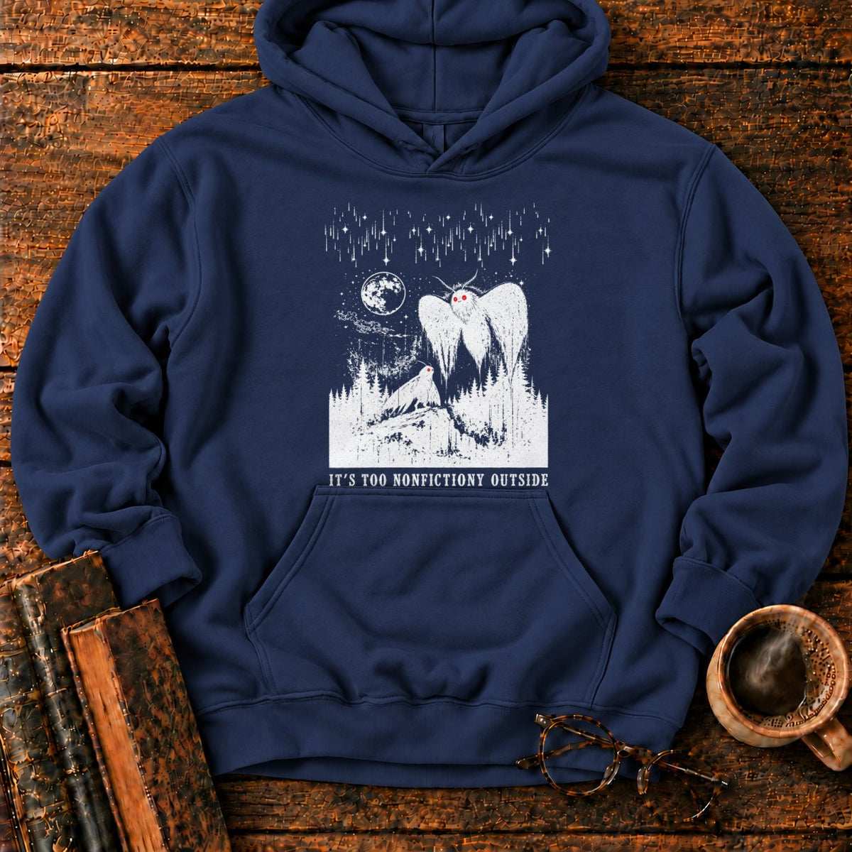 Woodcut Mothman Over Moonlit Forest Hoodie in Navy – BooksThreads
