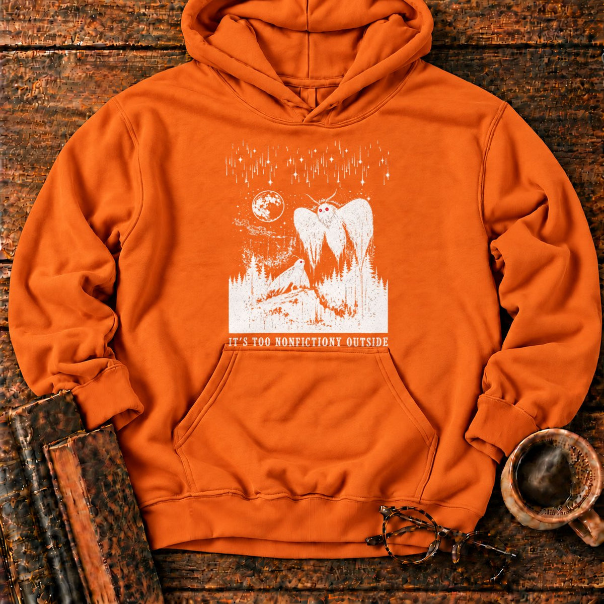 Woodcut Mothman Over Moonlit Forest Hoodie in Orange – BooksThreads