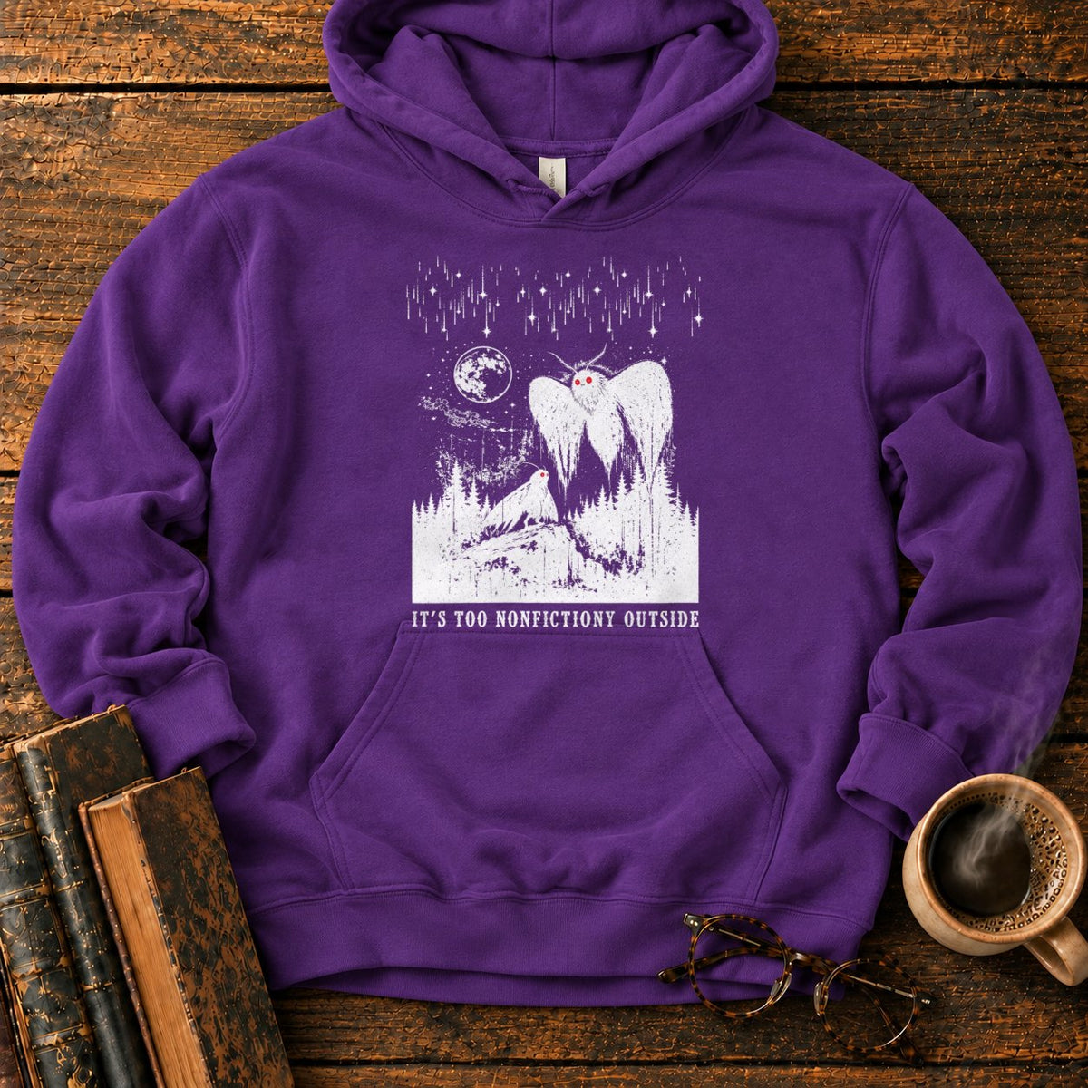 Woodcut Mothman Over Moonlit Forest Hoodie in Purple – BooksThreads