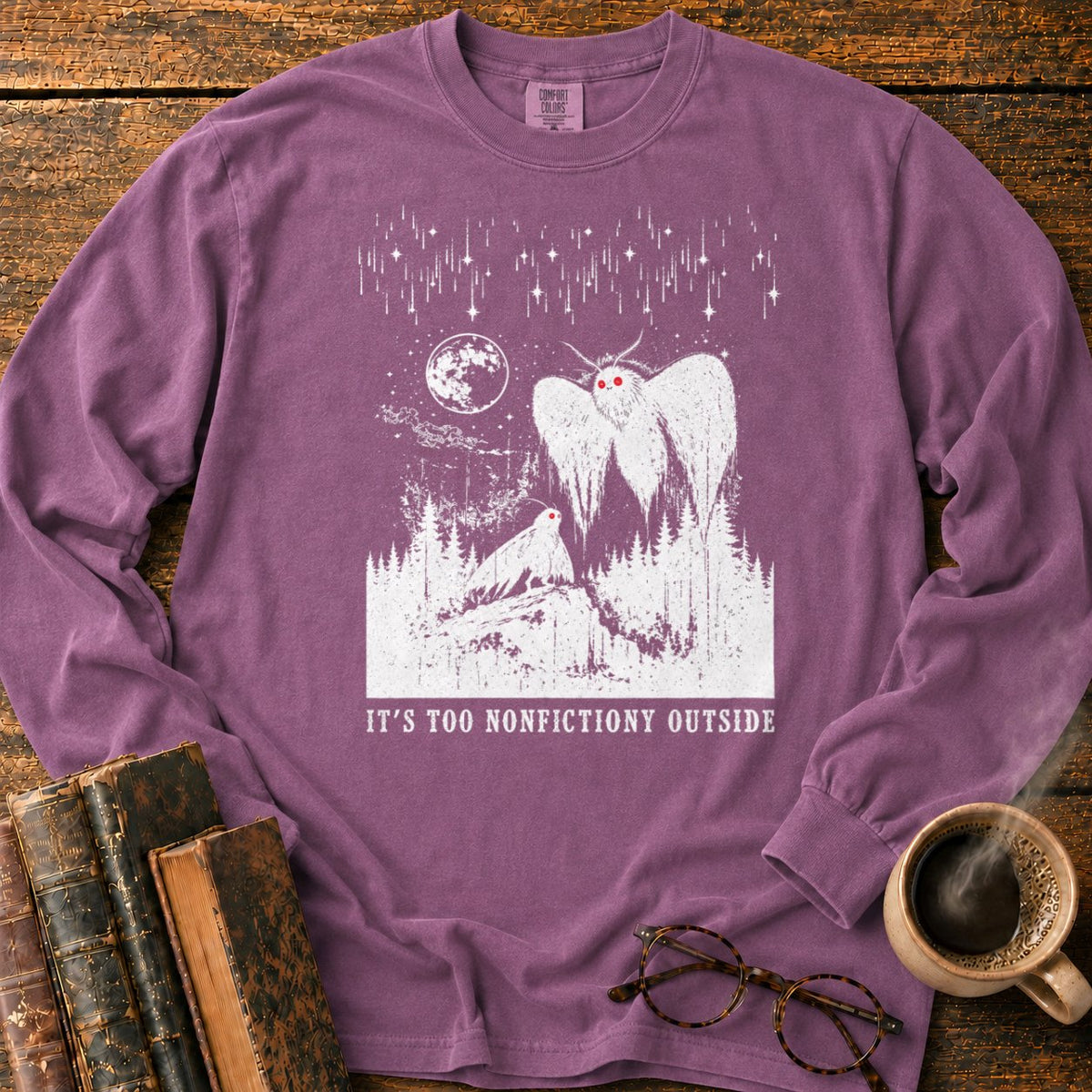 Woodcut Mothman Over Moonlit Forest LS T-Shirt in Berry – BooksThreads