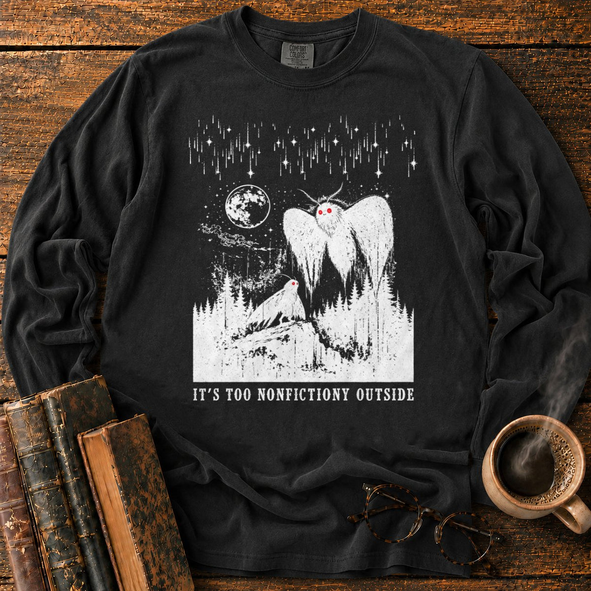 Woodcut Mothman Over Moonlit Forest LS T-Shirt in Black – BooksThreads