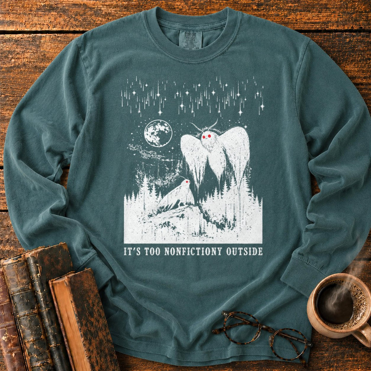 Woodcut Mothman Over Moonlit Forest LS T-Shirt in Blue Spruce – BooksThreads