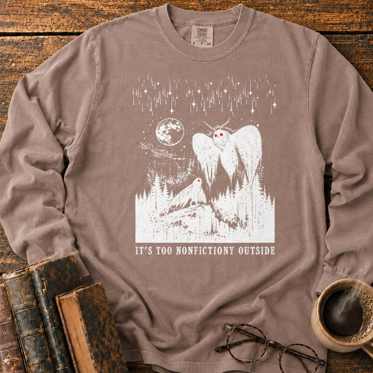 Woodcut Mothman Over Moonlit Forest LS T-Shirt in Espresso – BooksThreads