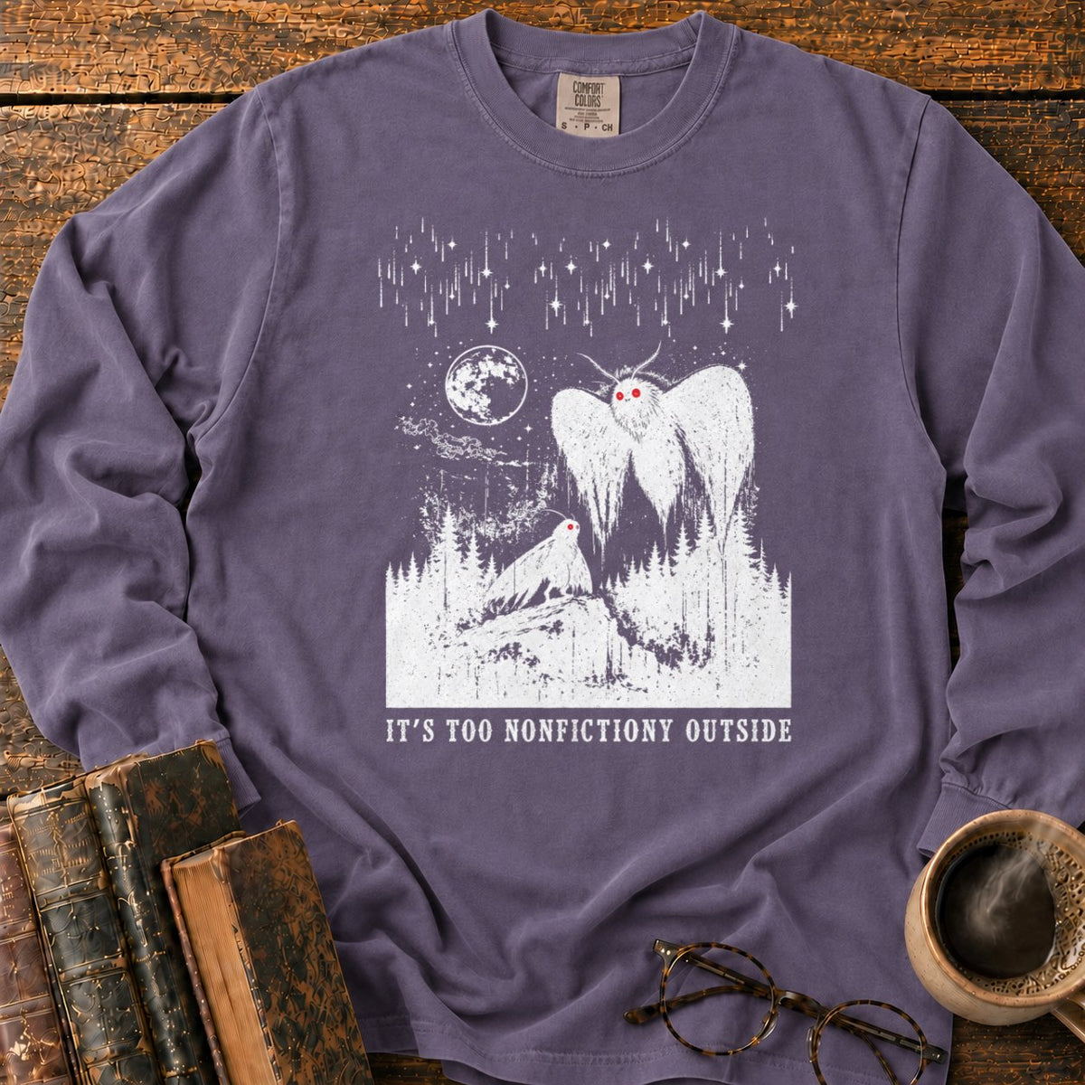 Woodcut Mothman Over Moonlit Forest LS T-Shirt in Grape – BooksThreads