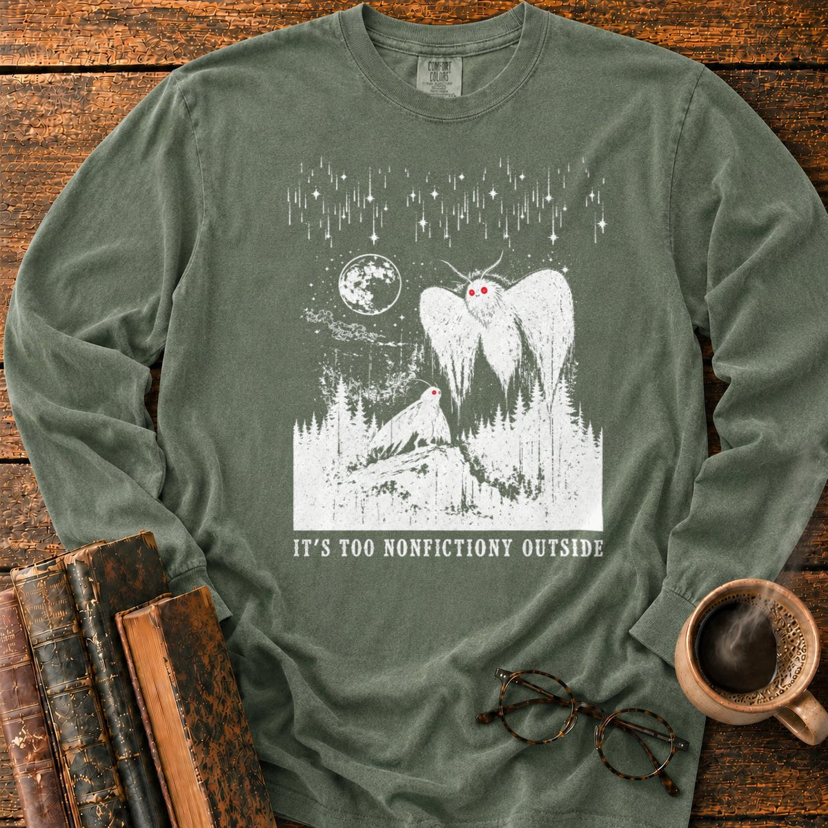 Woodcut Mothman Over Moonlit Forest LS T-Shirt in Hemp – BooksThreads