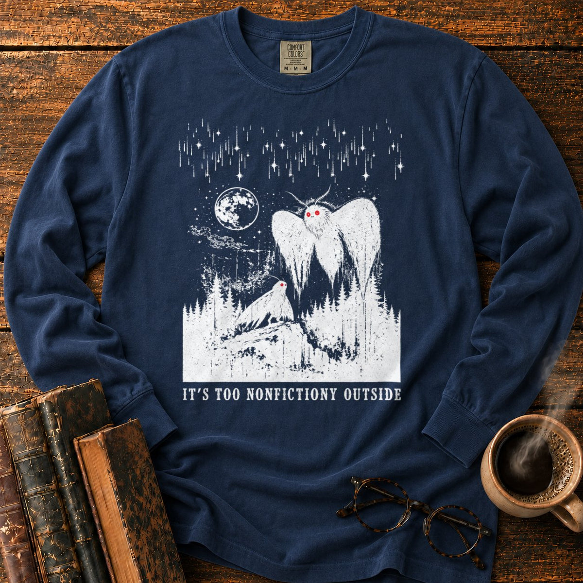 Woodcut Mothman Over Moonlit Forest LS T-Shirt in Midnight – BooksThreads