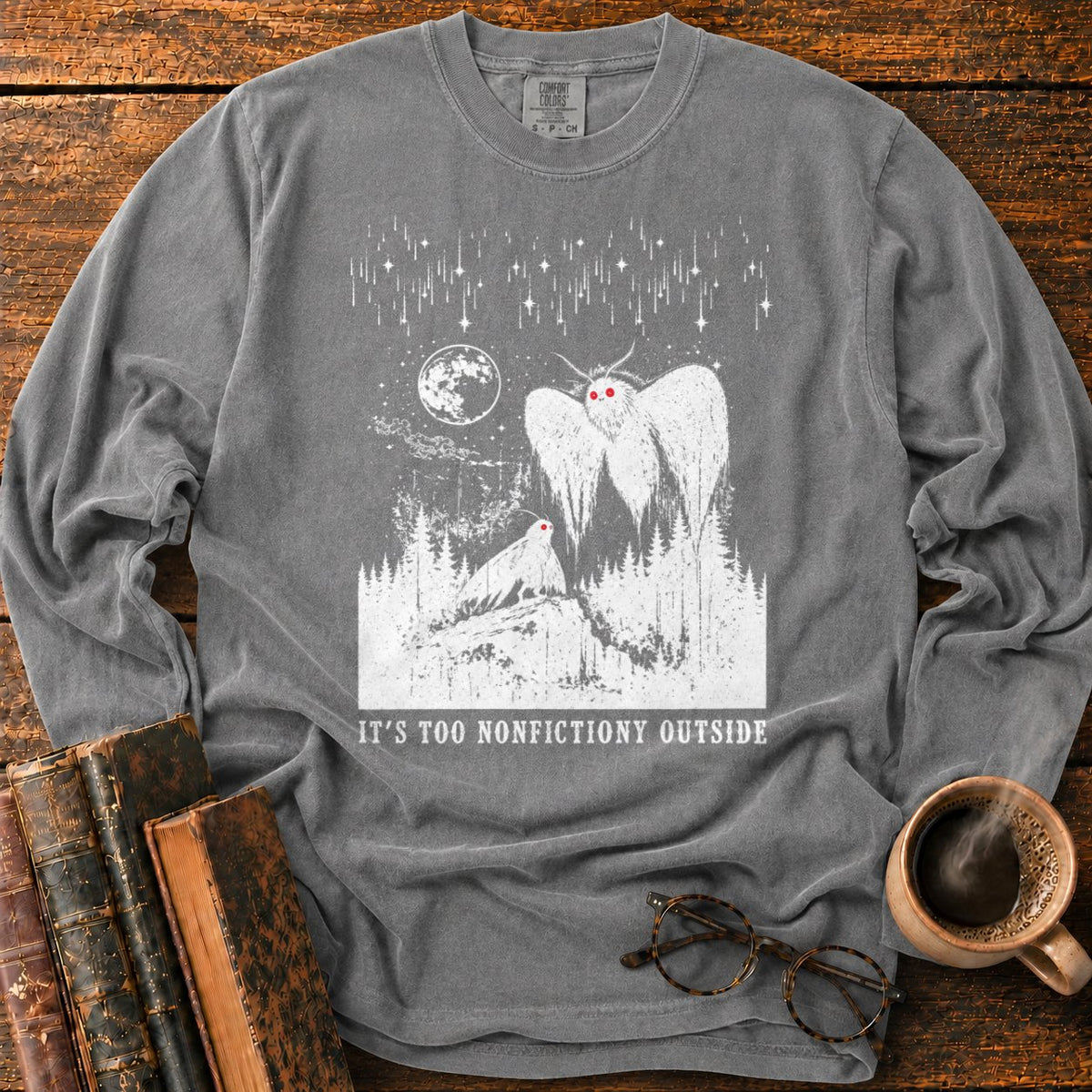 Woodcut Mothman Over Moonlit Forest LS T-Shirt in Pepper – BooksThreads
