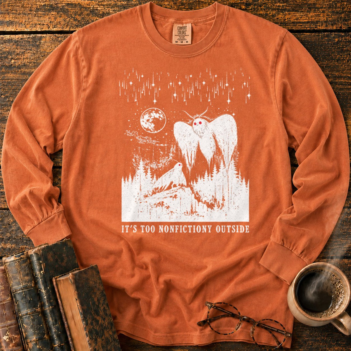 Woodcut Mothman Over Moonlit Forest LS T-Shirt in Yam – BooksThreads