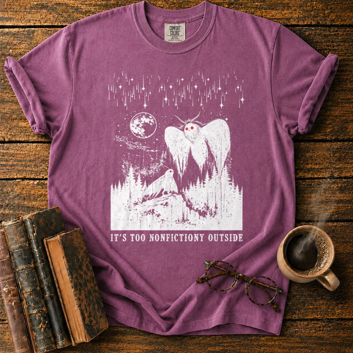 Woodcut Mothman Over Moonlit Forest T-Shirt in Berry – BooksThreads