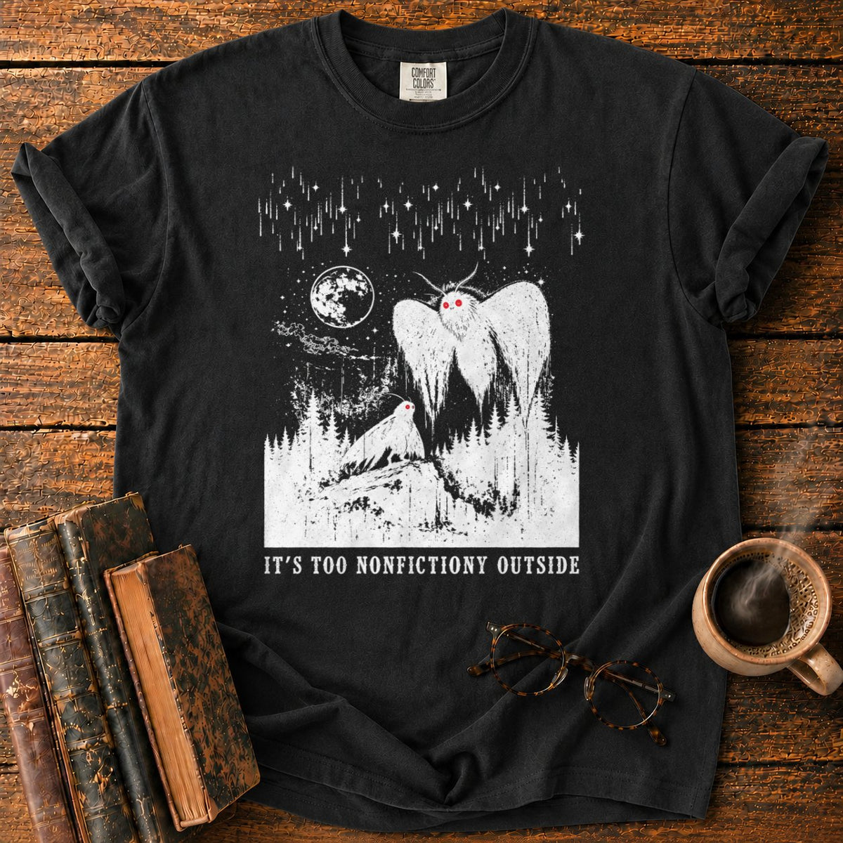Woodcut Mothman Over Moonlit Forest T-Shirt in Black – BooksThreads