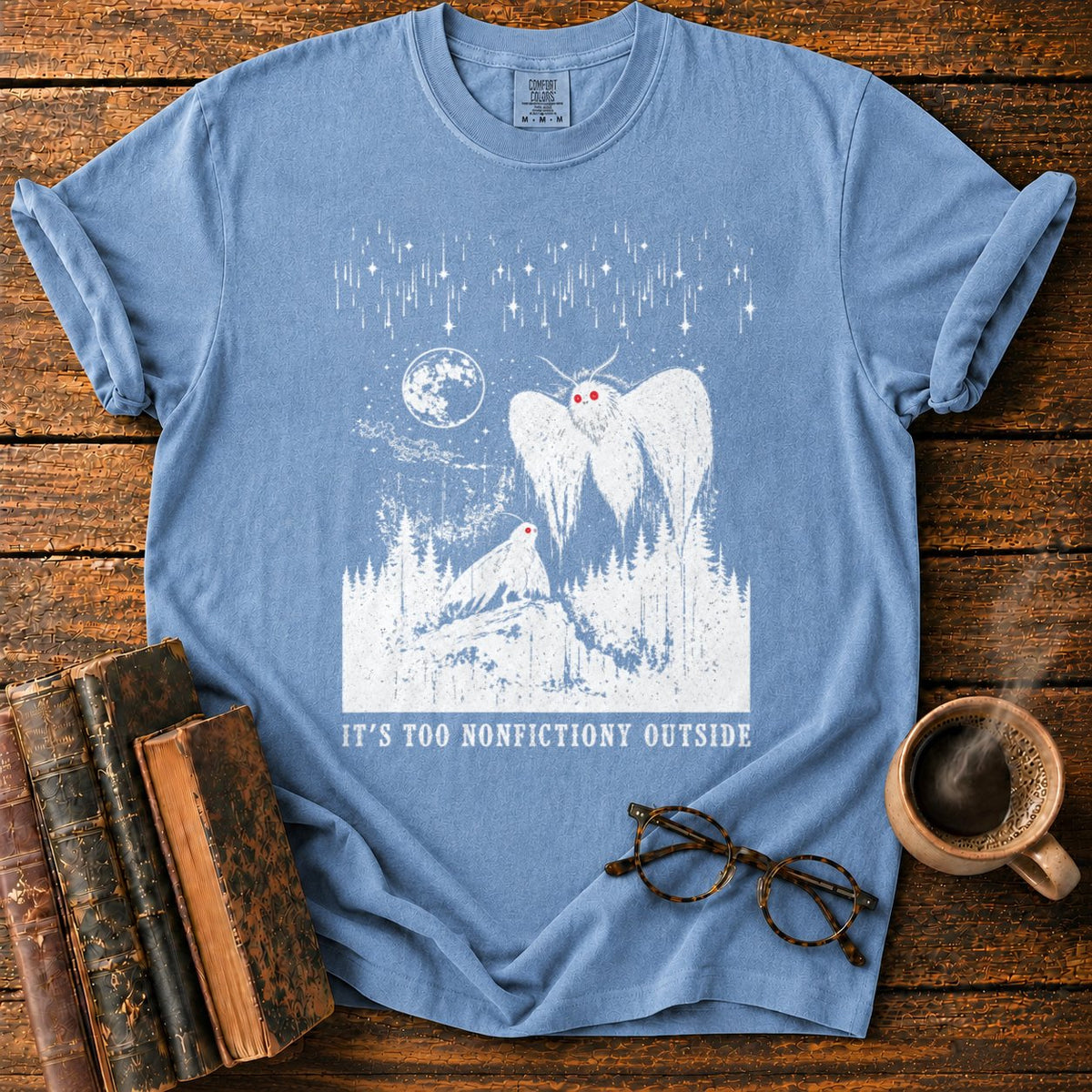 Woodcut Mothman Over Moonlit Forest T-Shirt in Blue Jean – BooksThreads