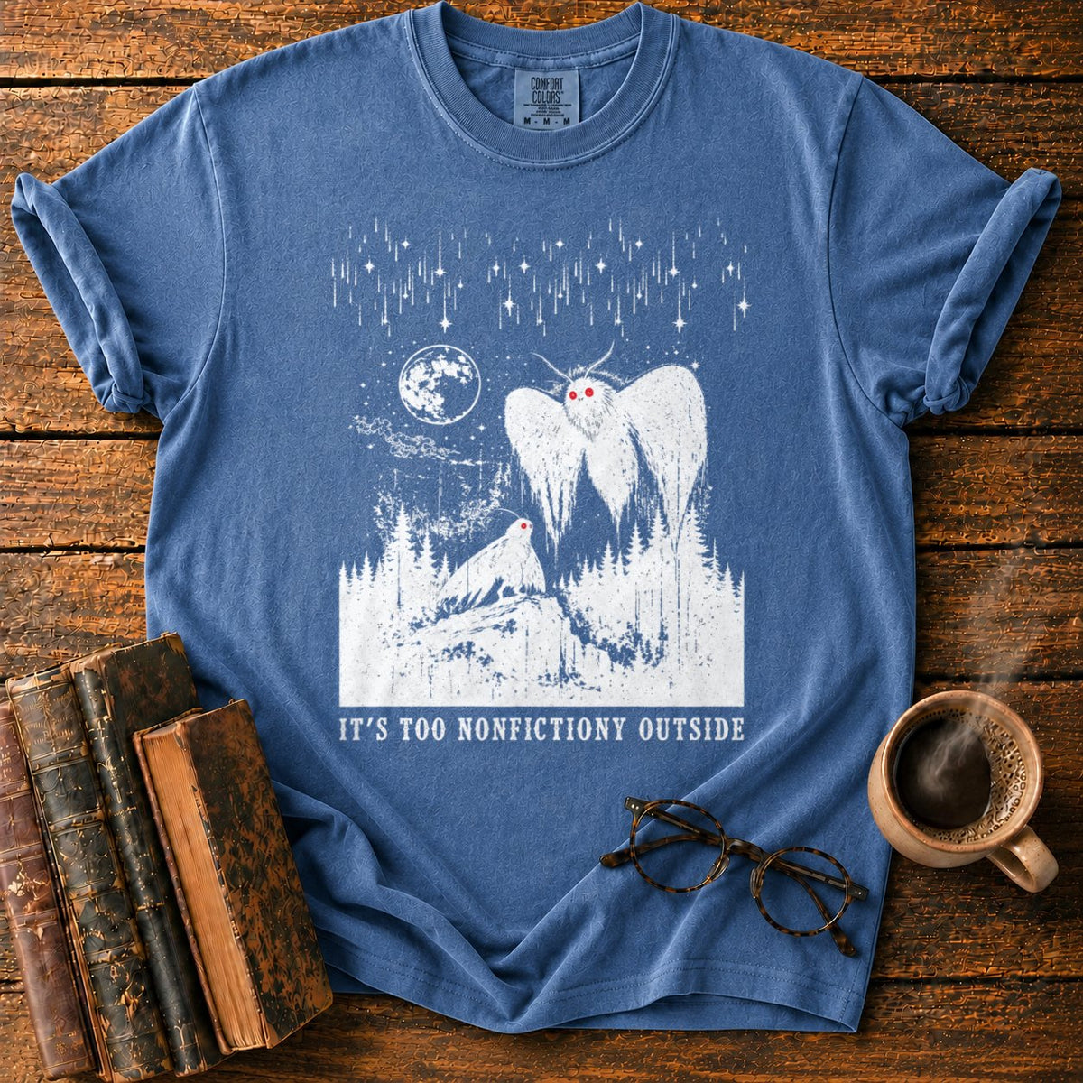 Woodcut Mothman Over Moonlit Forest T-Shirt in Denim – BooksThreads