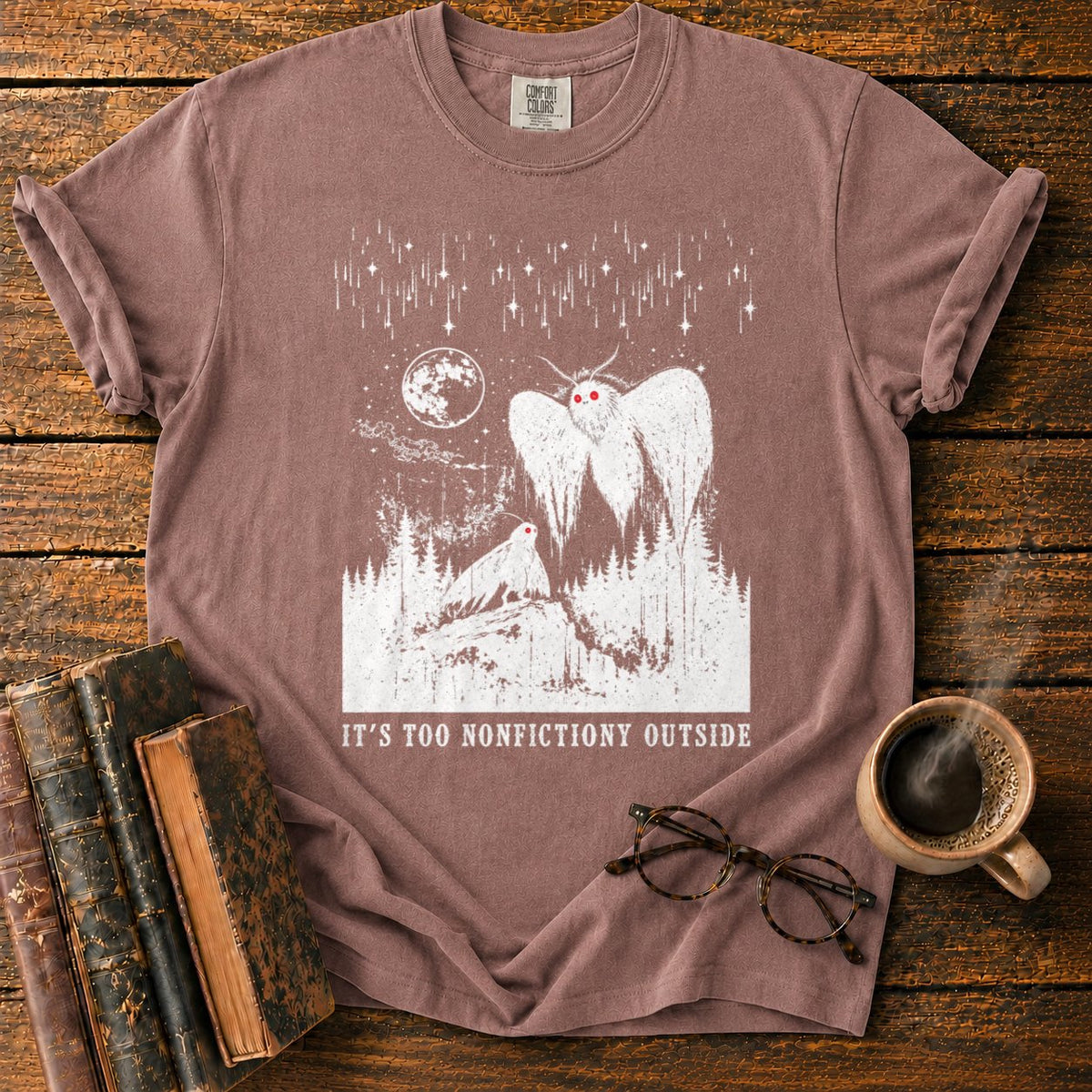 Woodcut Mothman Over Moonlit Forest T-Shirt in Espresso – BooksThreads