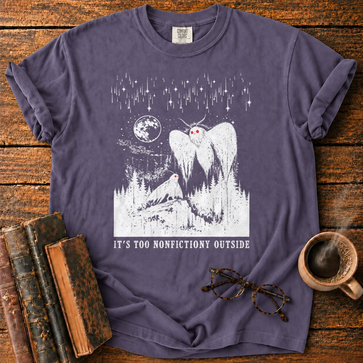 Woodcut Mothman Over Moonlit Forest T-Shirt in Grape – BooksThreads