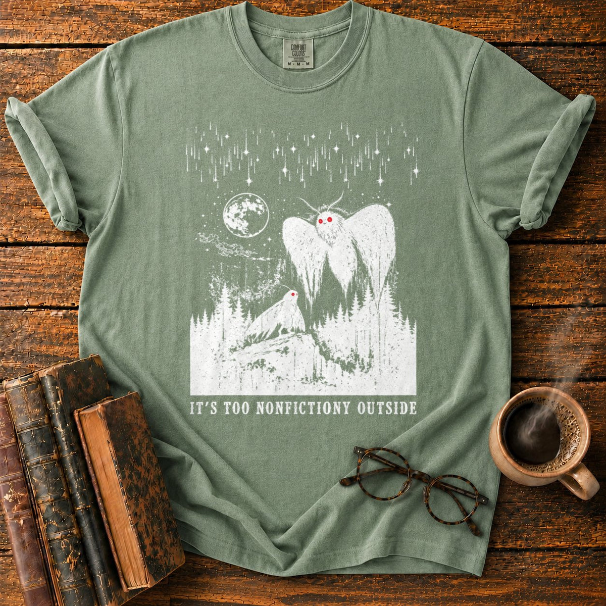 Woodcut Mothman Over Moonlit Forest T-Shirt in Moss – BooksThreads