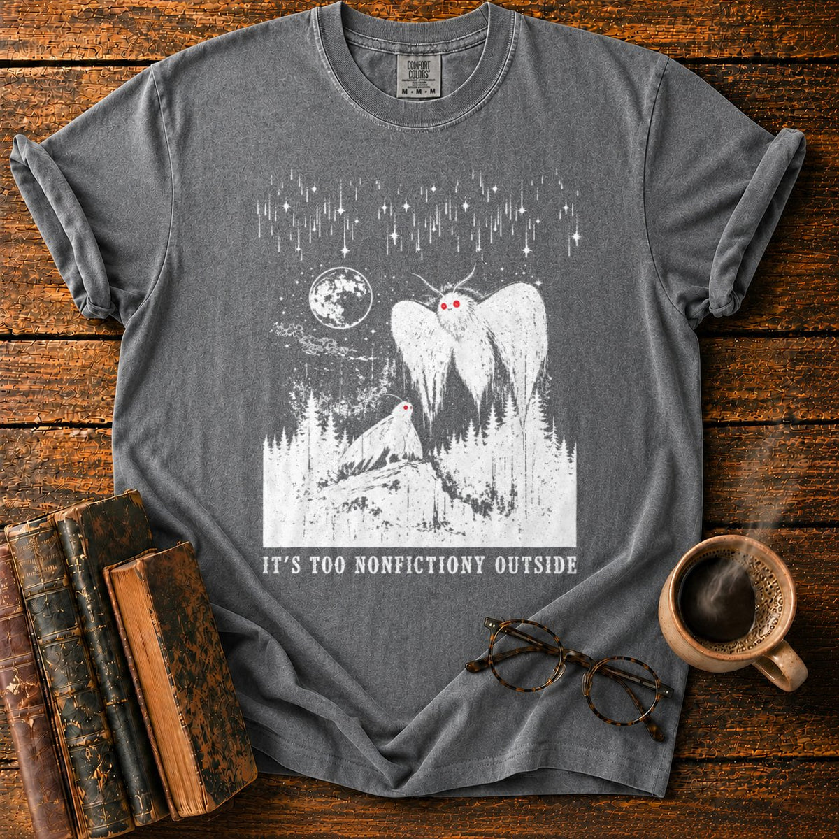 Woodcut Mothman Over Moonlit Forest T-Shirt in Pepper – BooksThreads