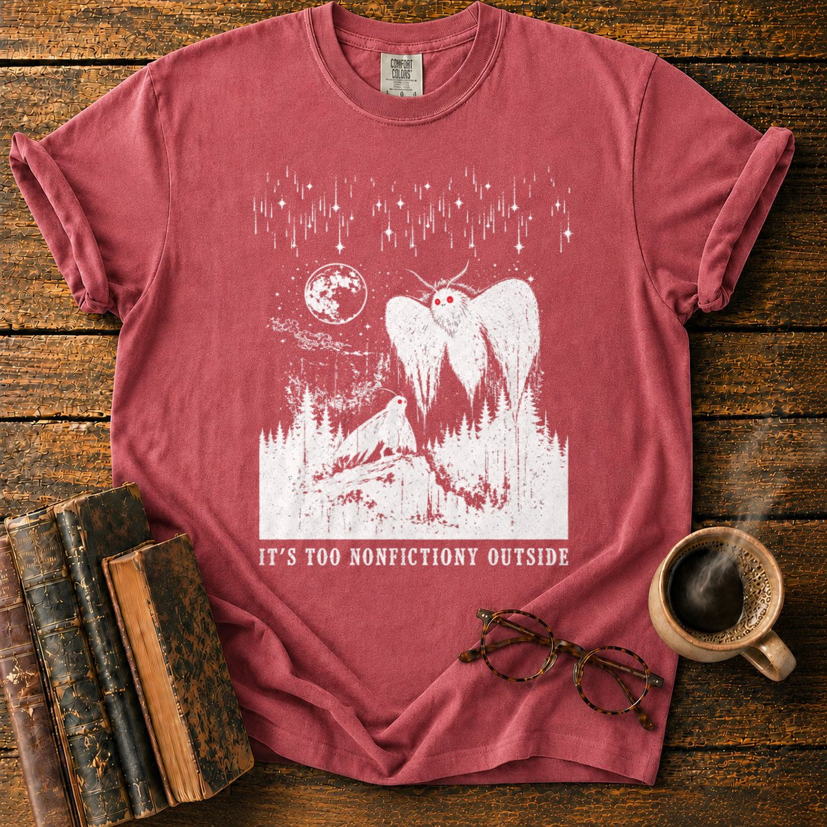 Woodcut Mothman Over Moonlit Forest T-Shirt in Watermelon – BooksThreads