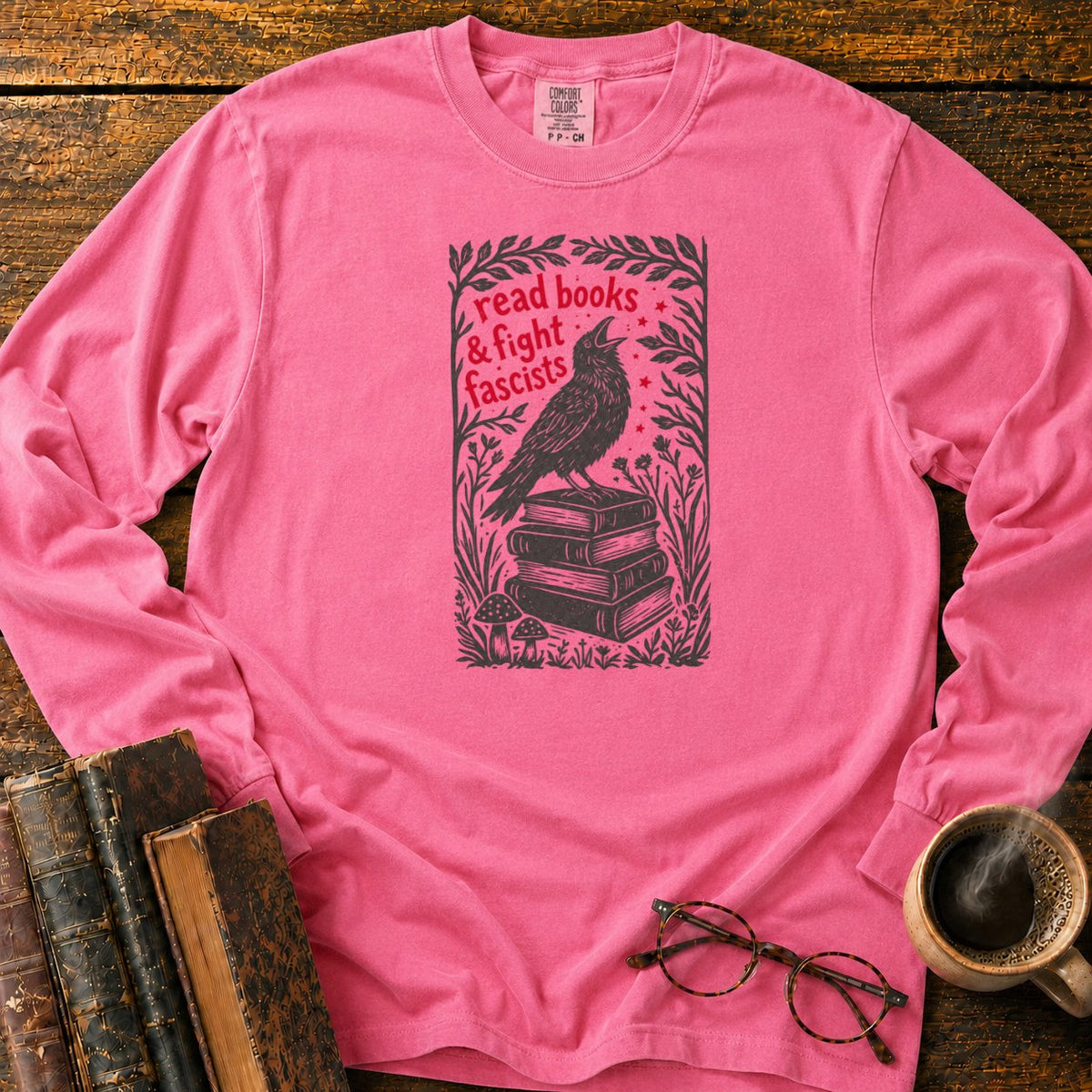 Woodcut Raven Atop Antique Books LS T-Shirt in Blossom – BooksThreads