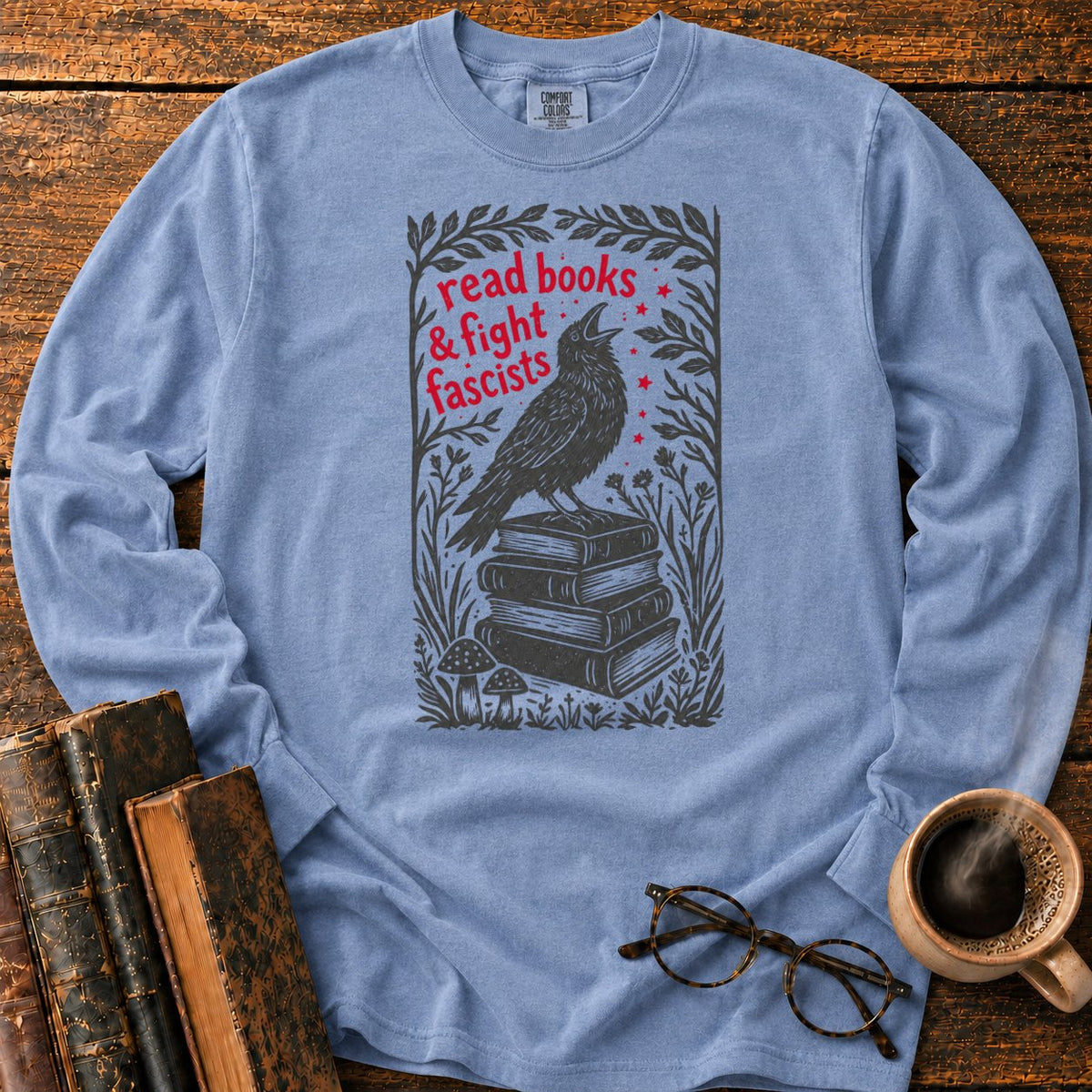 Woodcut Raven Atop Antique Books LS T-Shirt in Blue Jean – BooksThreads