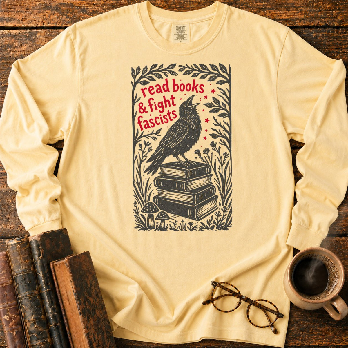 Woodcut Raven Atop Antique Books LS T-Shirt in Butter – BooksThreads