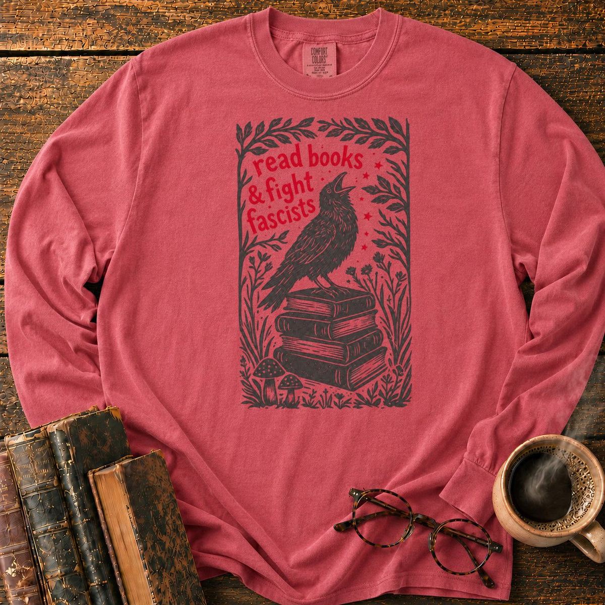 Woodcut Raven Atop Antique Books LS T-Shirt in Crimson – BooksThreads
