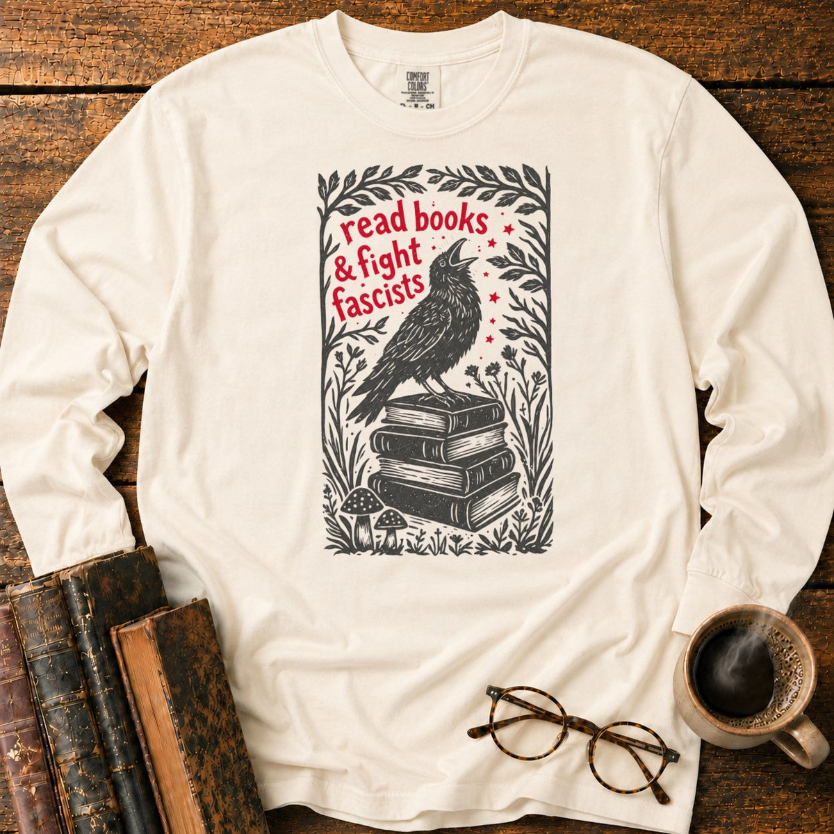 Woodcut Raven Atop Antique Books LS T-Shirt in Ivory – BooksThreads