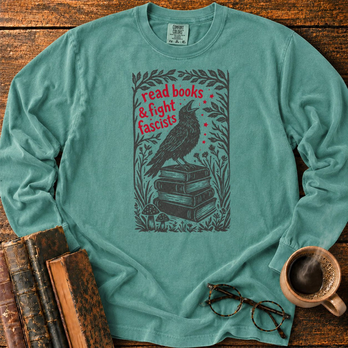 Woodcut Raven Atop Antique Books LS T-Shirt in Light Green – BooksThreads