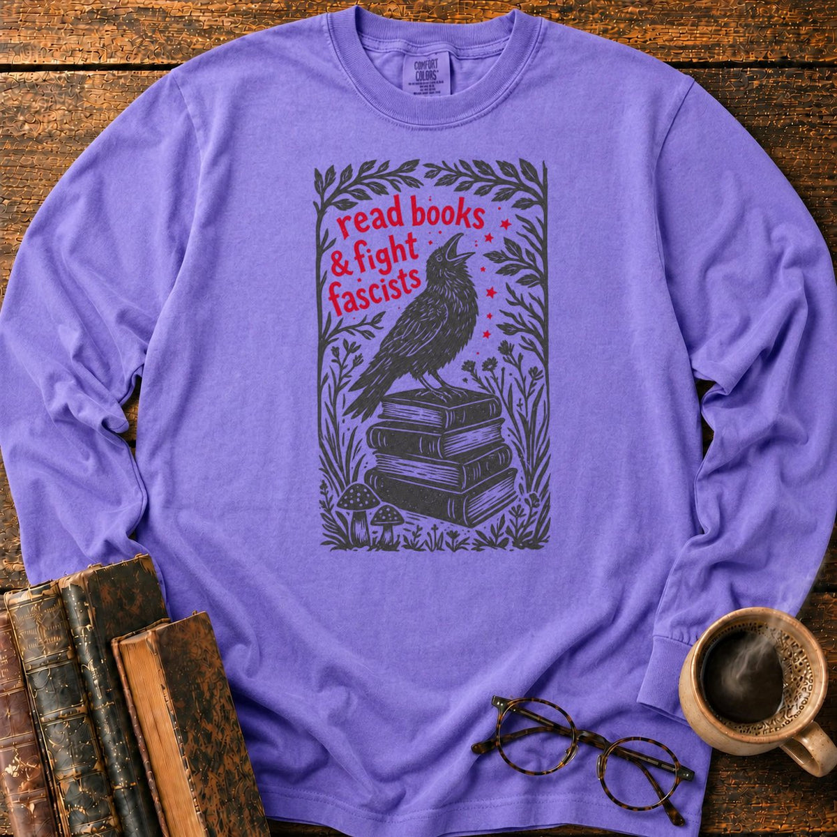 Woodcut Raven Atop Antique Books LS T-Shirt in Violet – BooksThreads