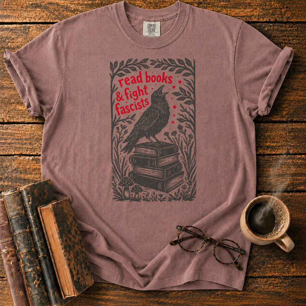 Woodcut Raven Atop Antique Books T-Shirt in Espresso – BooksThreads
