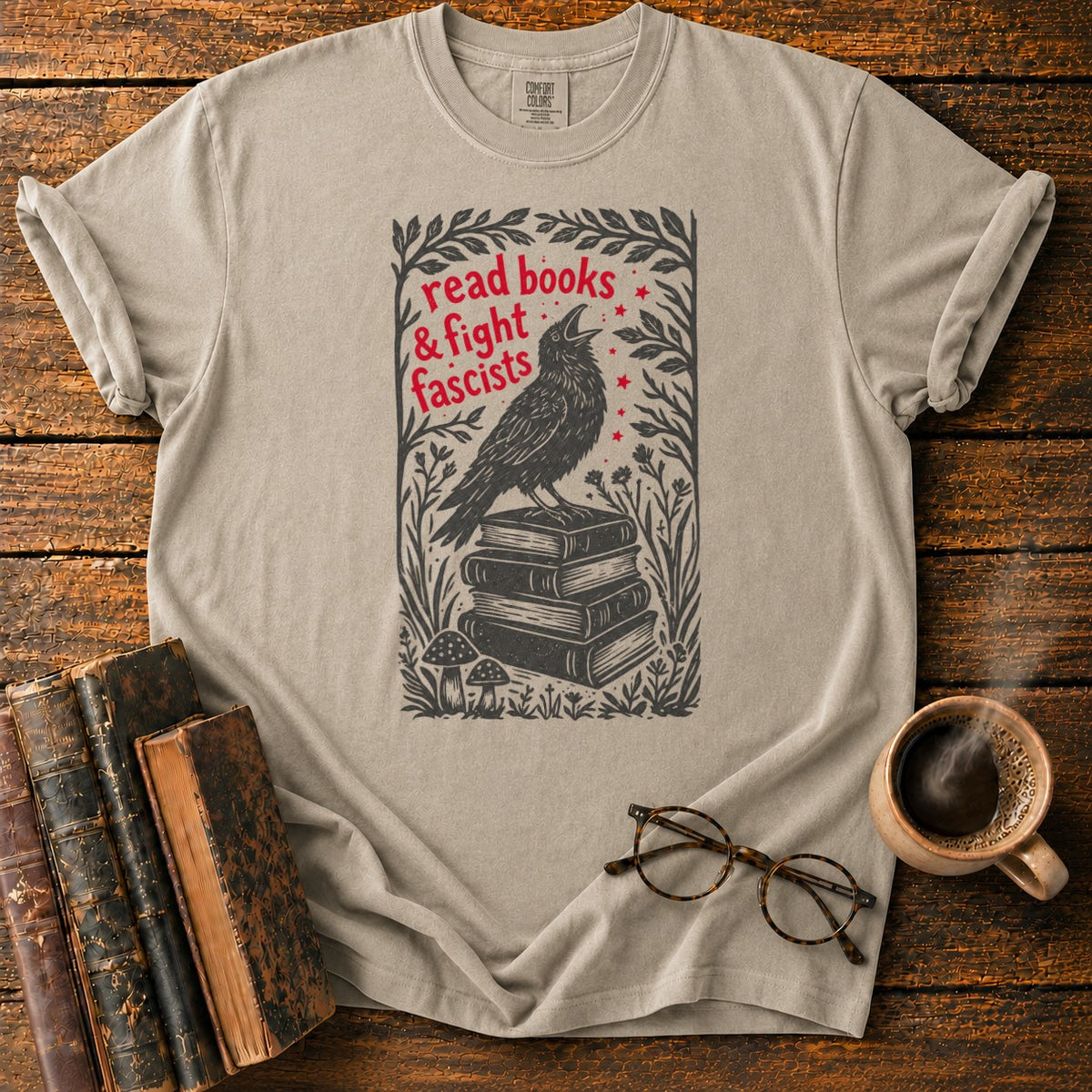 Woodcut Raven Atop Antique Books T-Shirt in Khaki – BooksThreads