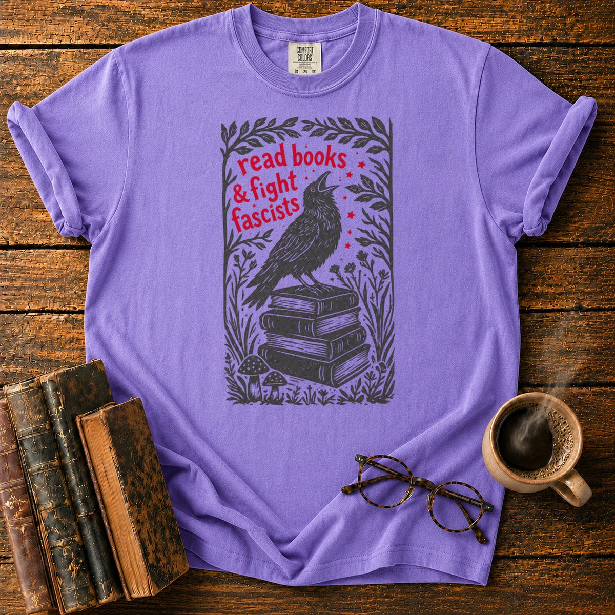 Woodcut Raven Atop Antique Books T-Shirt in Violet – BooksThreads