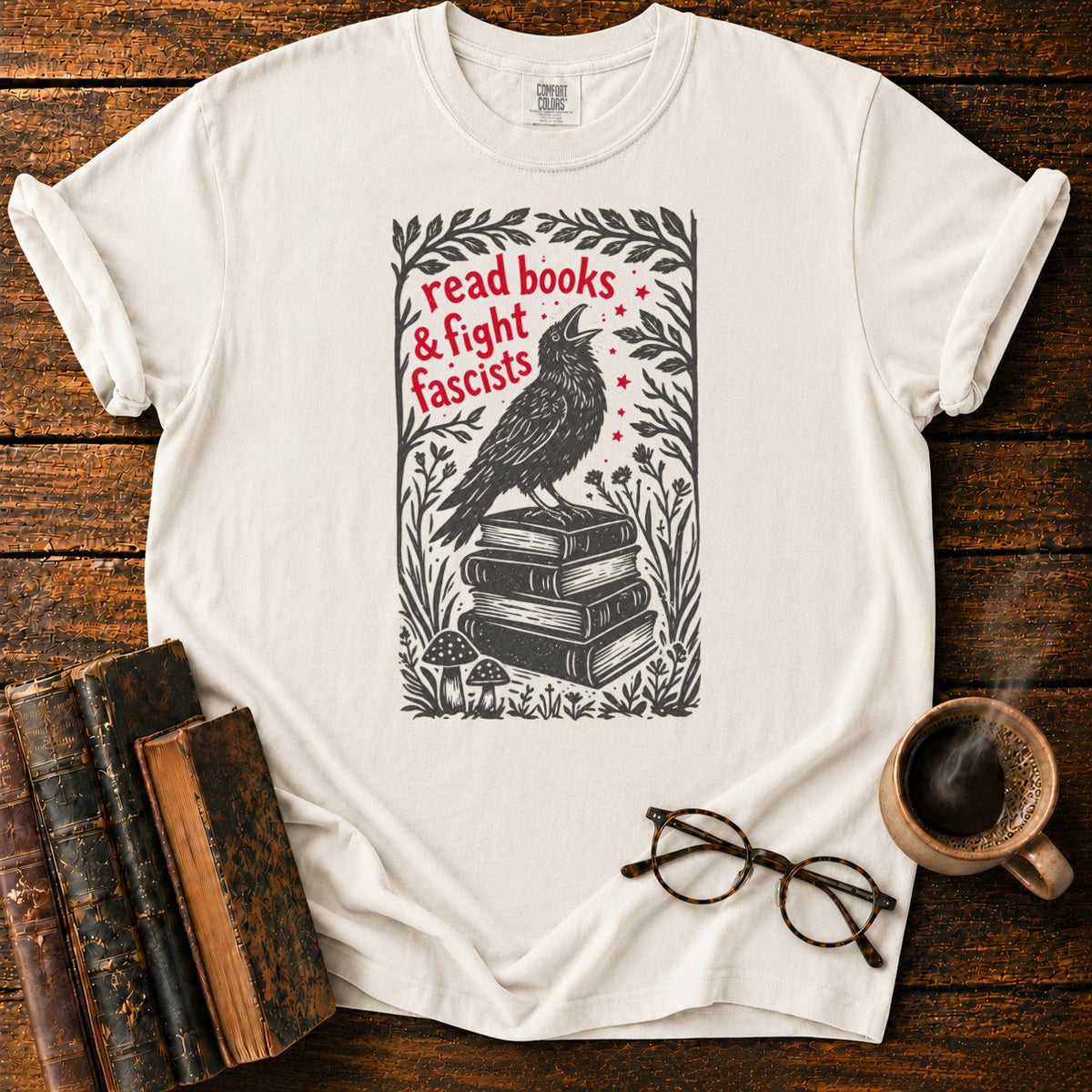 Woodcut Raven Atop Antique Books T-Shirt in White – BooksThreads
