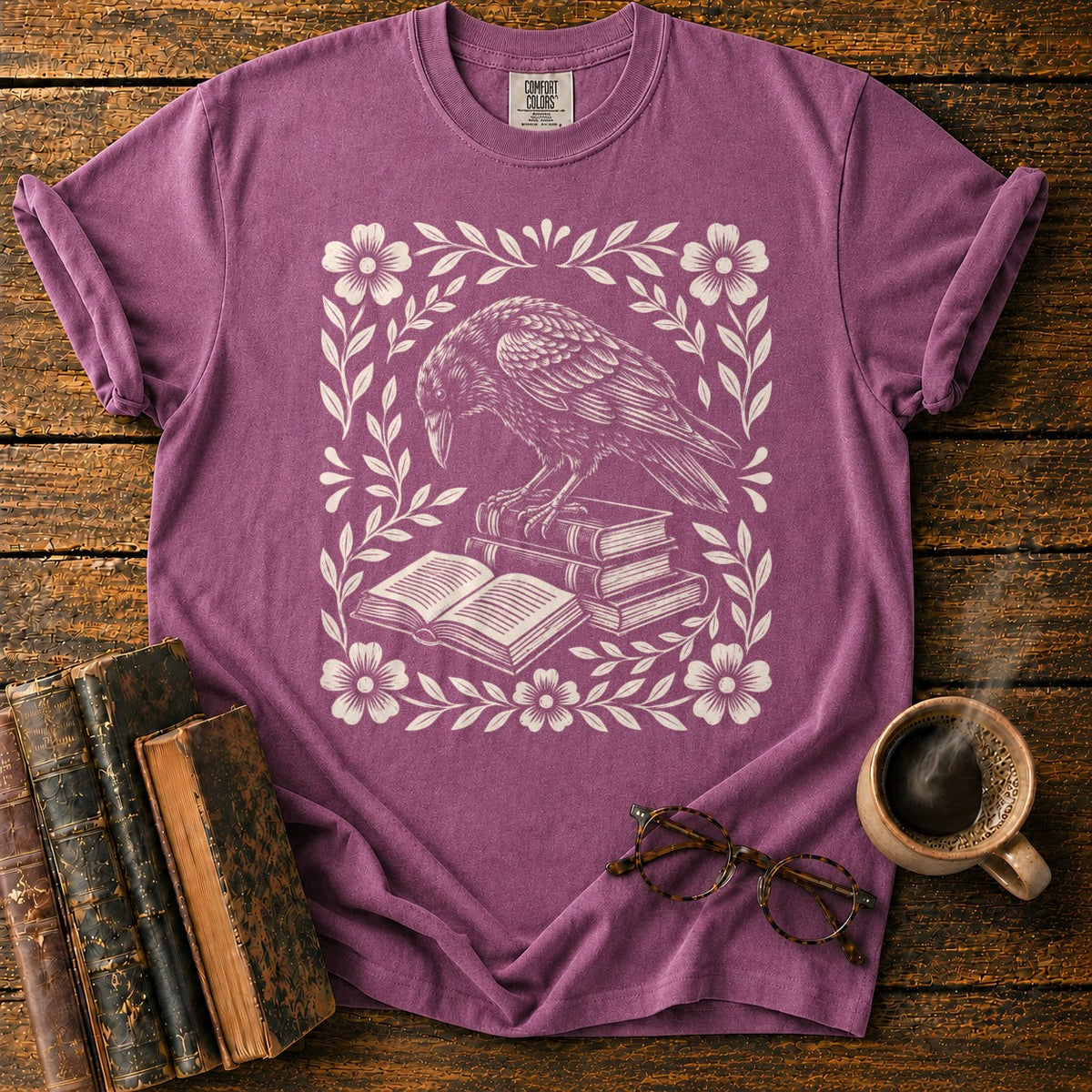 Woodcut Raven Floral Books T-Shirt in Berry – BooksThreads