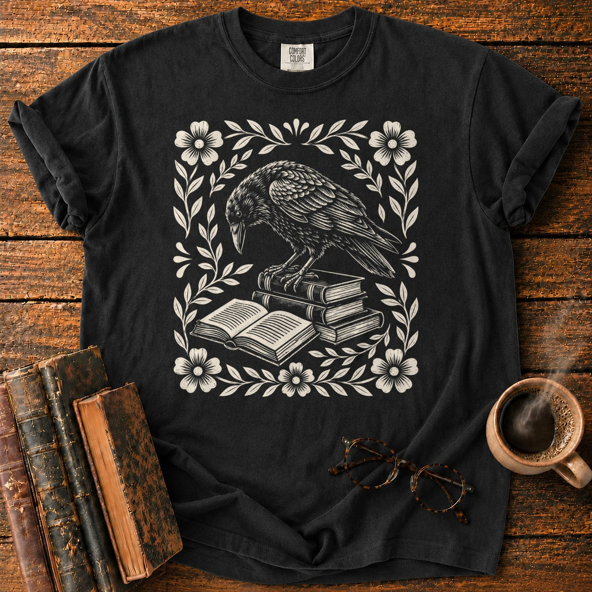 Woodcut Raven Floral Books T-Shirt in Black – BooksThreads